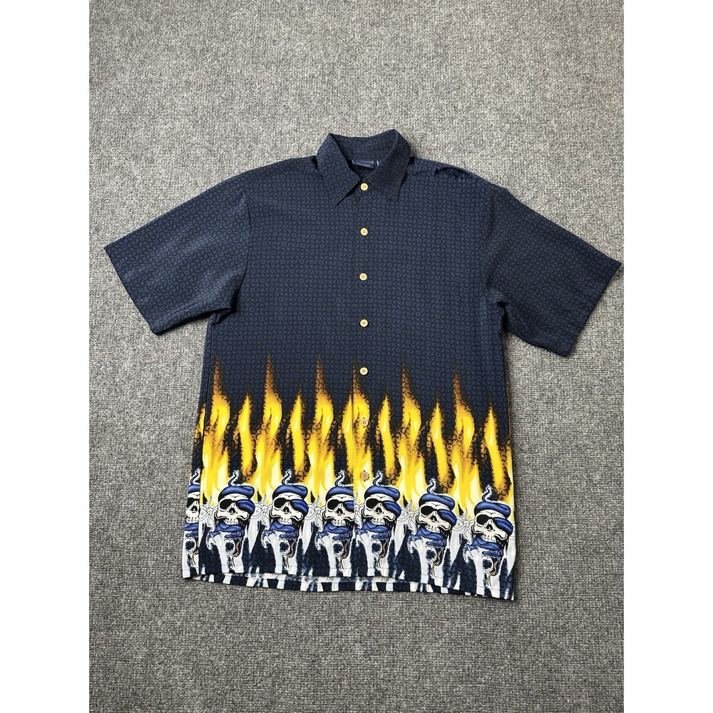 Mens Button Up Sideout Skull Flame Graphic Shirt Blue Black, Size S